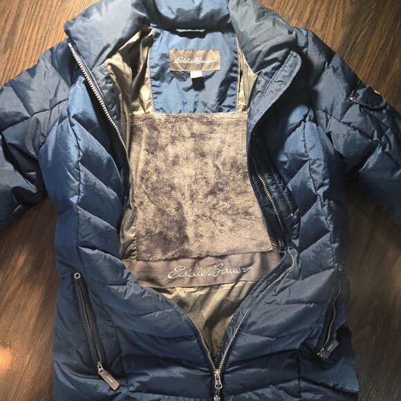EDDIE BAUER Midi Length Navy Blue Down Filled Puffer Parka Coat NWOT/SIZE PS - Picture 3 of 11